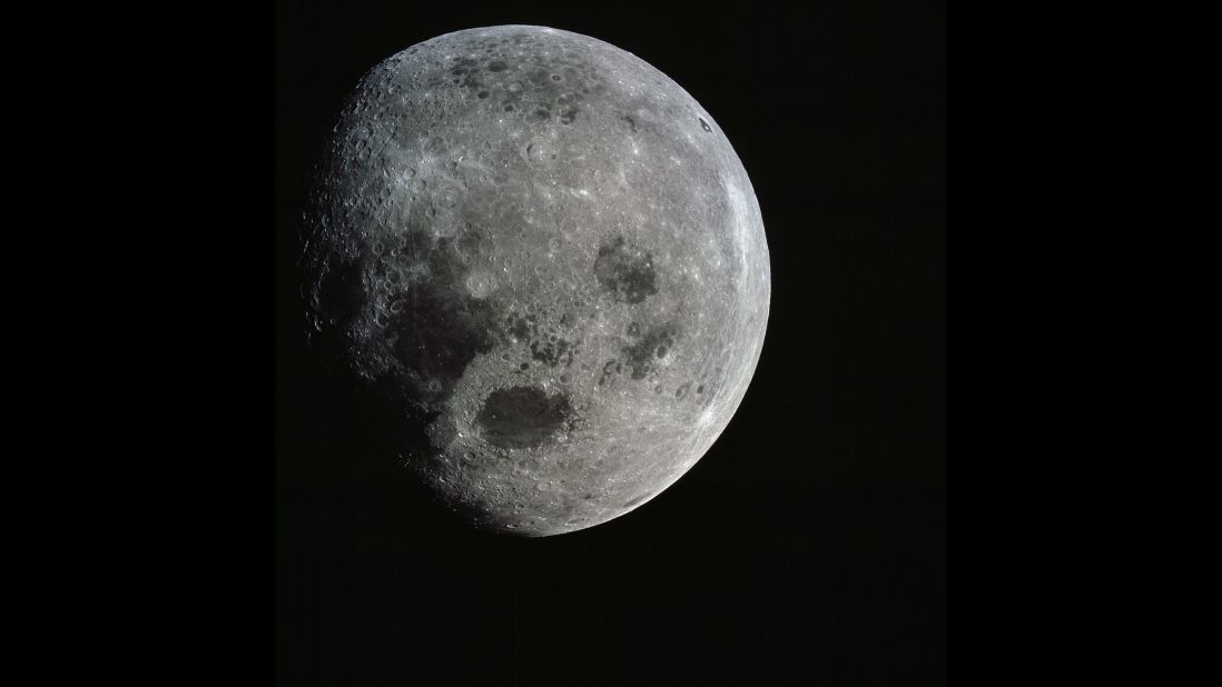 This photo of a nearly full moon was taken during the Apollo 8 mission. Its three astronauts were the first people to see the far side of the moon -- the side of the moon that always faces away from Earth.