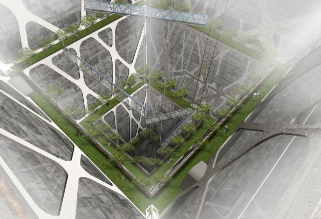 A central void allows for a generous amount of natural light and ventilation into the structure, and layers of "earth lobbies" made of plants and trees are designed to improve air quality.