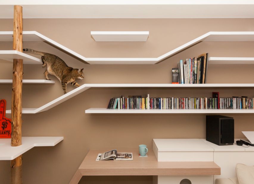 This "catwalk" doubles as a shelf for the owners' books, movies and music collection. 