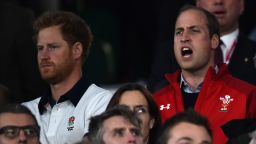 Prince Harry (L) and Prince William appear in the crowd wearing the shirts of opposing teams at the 2015 Rugby World Cup match between England and Wales.