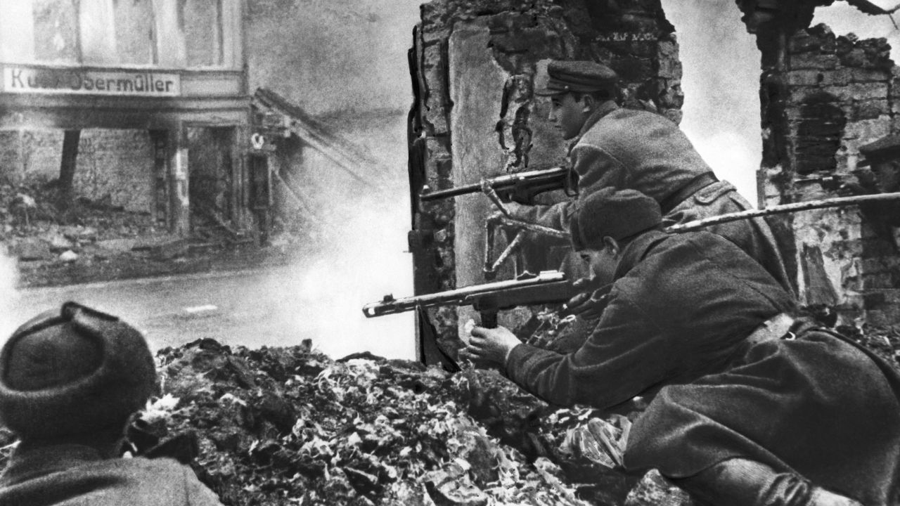 Russian soldiers fight to take control of Kaliningrad from German troops during World War II.