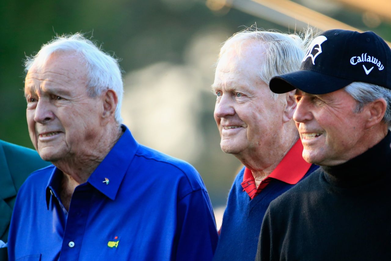 Nicklaus' early career was characterized by his rivalry with Arnold Palmer (left) and Gary Player (right). Known as the "Big Three", the trio became honorary starters at the Masters.