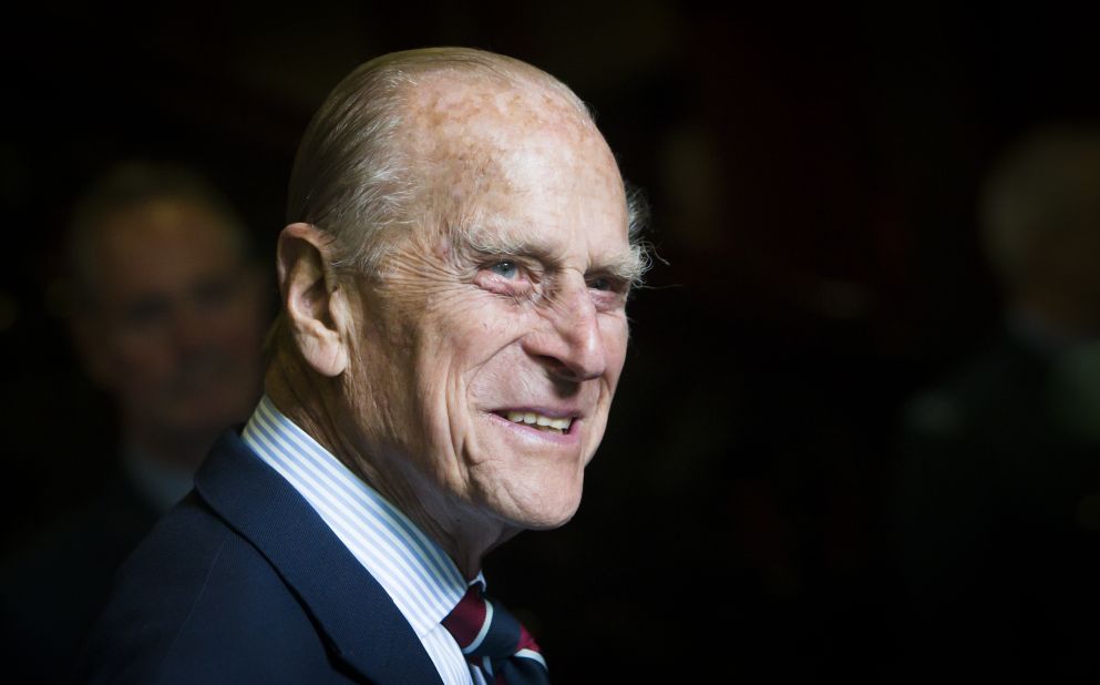 Prince Philip smiles as he visits an Auxiliary Air Force squadron in Edinburgh, Scotland, in July 2015.