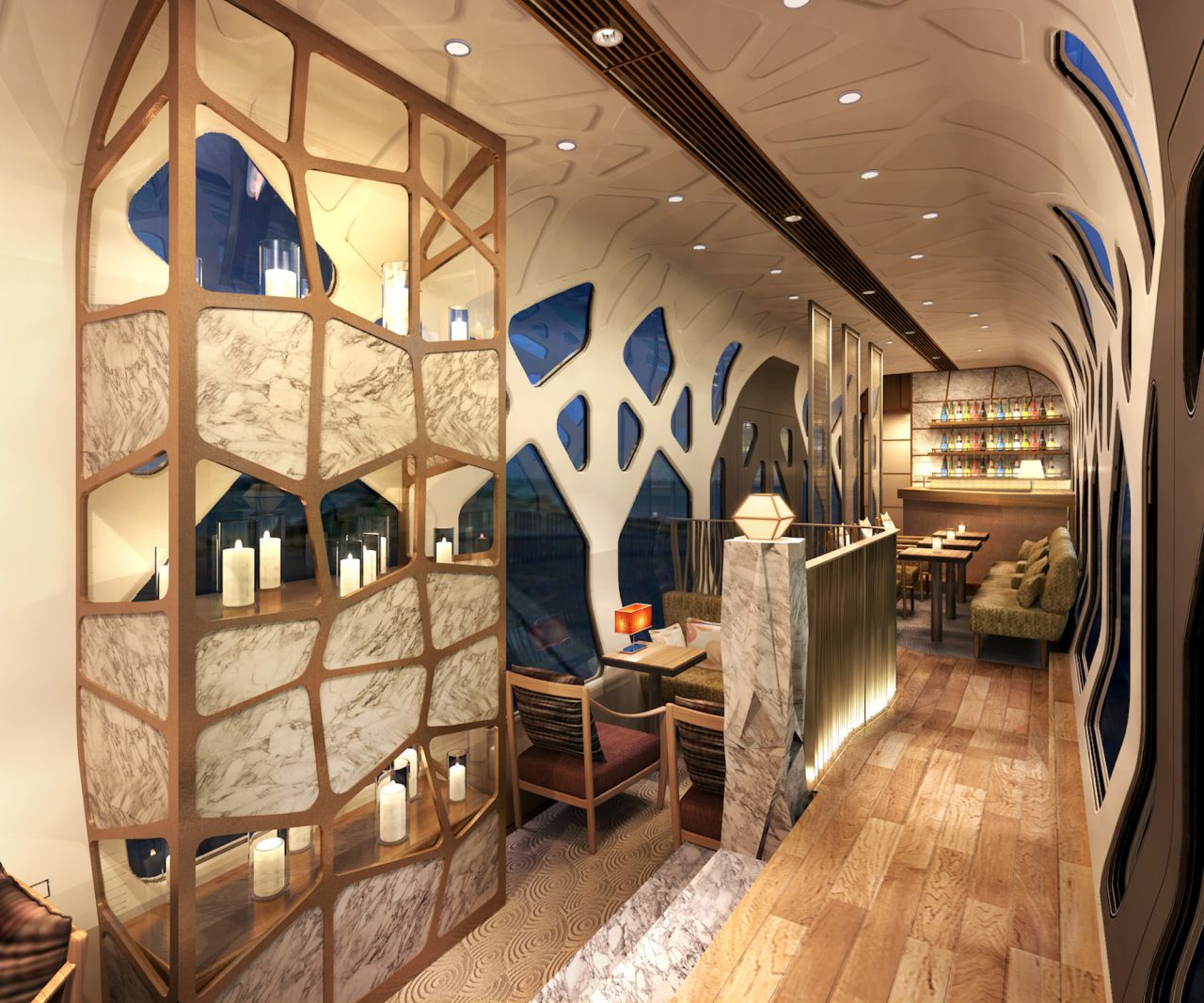 Shiki-shima's swish interiors are by Japanese designer Ken Okuyama. 