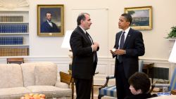 WASHINGTON - MAY12: In this handout from the The White House, U.S. President Barack Obama talks with Senior Advisor David Axelrod during a staff meeting in the Oval Office May 12, 2009 in Washington, DC.