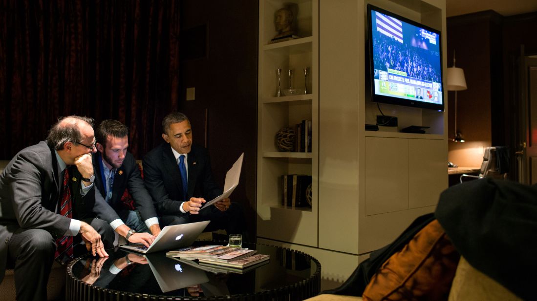 Obama works on an acceptance speech with Axelrod and Director of Speechwriting Jon Favreau, center, on the night of the 2012 election.