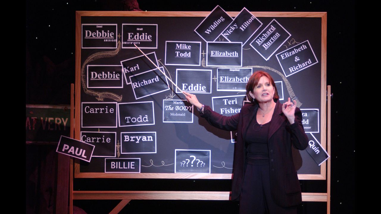 Fisher takes part in a dress rehearsal for her play "Wishful Drinking" at the Geffen Playhouse in Los Angeles in 2006.