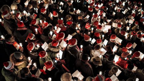 Fans gather to sing Christmas songs at the FC Union Berlin stadium on December 23 in Berlin, Germany. 