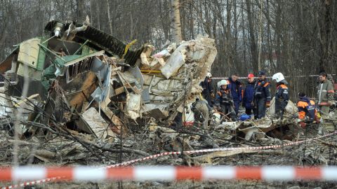 Russian rescuers inspect the wreckage of a Polish government Tupolev Tu-154 aircraft which crashed in April 2010.