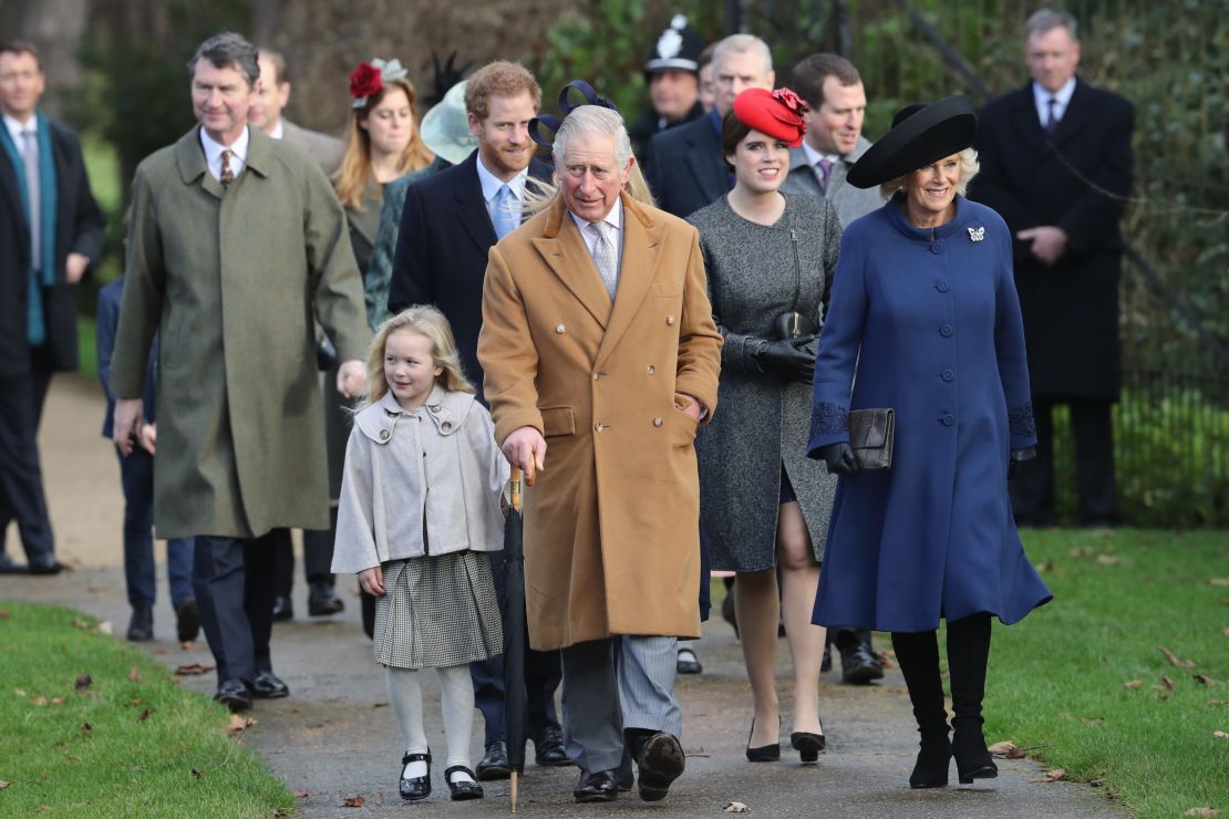 Members of the royal family including Prince Harry, Prince Charles and Camilla, Duchess of Cornwall attending a Christmas Day service at Sandringham in 2016. 