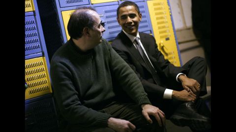 David Axelrod sits backstage with then-US Sen. Barack Obama during a 2007 campaign rally for Obama's presidential run. Axelrod, a senior political commentator for CNN, was a senior adviser for Obama during his presidency.