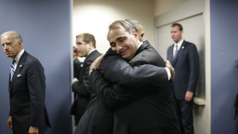 Obama and Axelrod hug at the 2008 Democratic National Convention, where Obama had officially received the party's nomination for president.