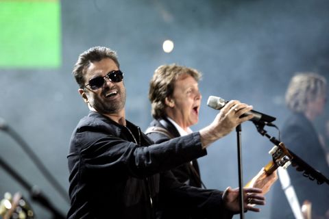 George Michael, left, and Paul McCartney perform together at the "Live 8 London" concert on July 2, 2005 in London.
