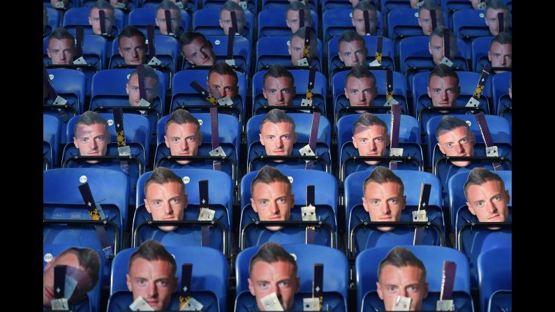 Leicester City owners placed <a href="index.php?page=&url=http%3A%2F%2Fedition.cnn.com%2F2016%2F12%2F26%2Ffootball%2Fjamie-vardy-masks-leicester-city-football%2Findex.html">Jamie Vardy masks</a> on seats for supporters ahead of the team's Premier League game against Everton in Leicester, England, on Monday. Some <a href="index.php?page=&url=http%3A%2F%2Fedition.cnn.com%2F2016%2F12%2F26%2Ffootball%2Fjamie-vardy-masks-leicester-city-football%2Findex.html" target="_blank">30,000 masks</a> were left on seats to show Leicester City's disappointment in losing an appeal against Vardy's three-game ban for a sending-off against Stoke earlier this month.