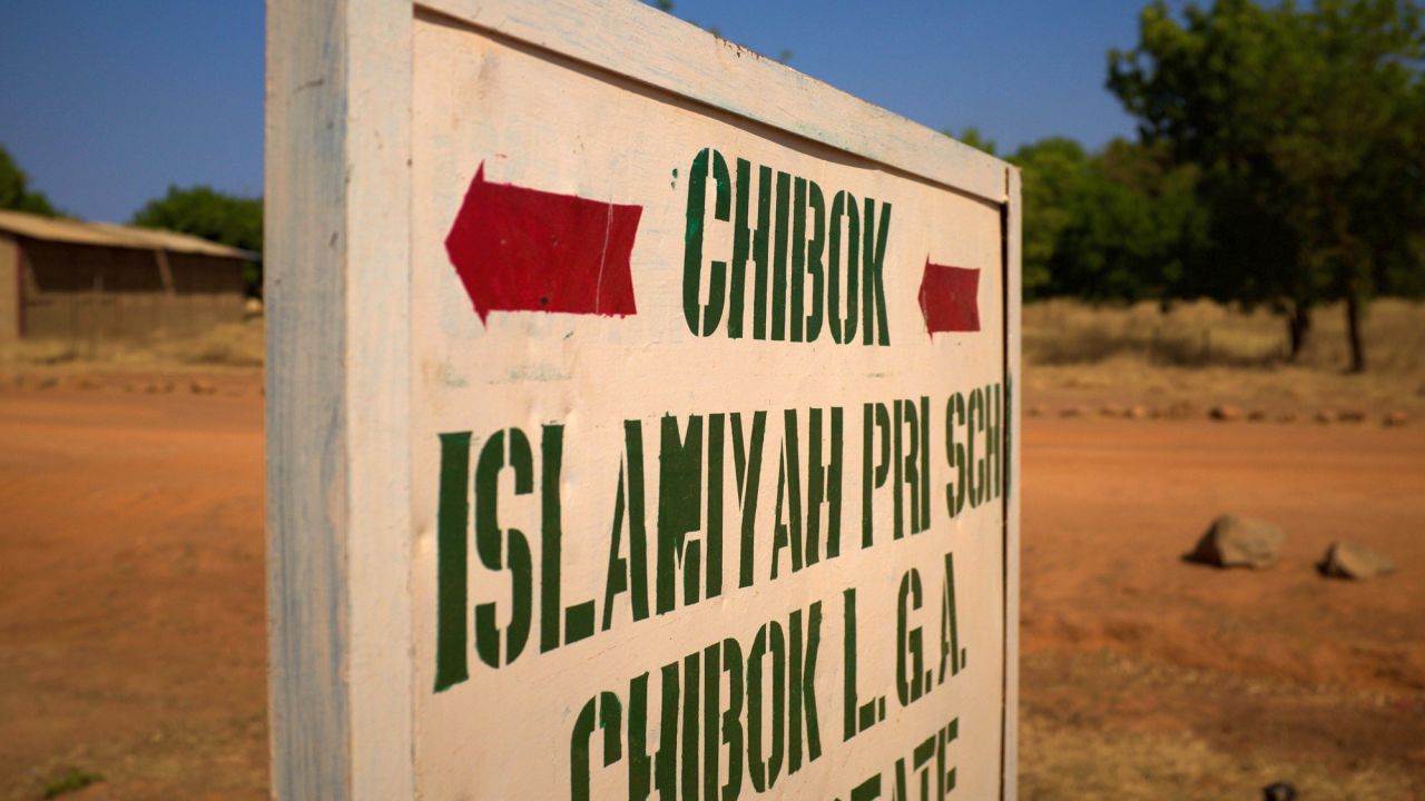 A sign on the outskirts of Chibok. The April 2014 kidnapping from a boarding school in the town sparked global outrage and fueled the social media campaign #BringBackOurGirls.