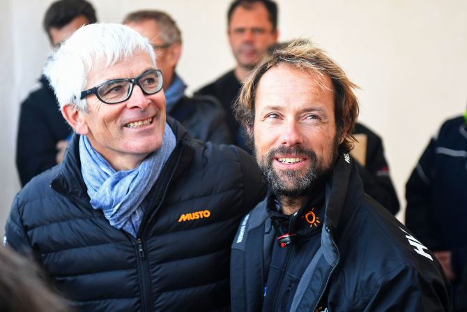 Coville speaks with Vincent Riou (left) -- a fellow French sailor who won the 2004 Vendee Globe round-the-world race but had to pull out of the 2016-17 edition in November after suffering damage to his boat. The Vendee Globe is also for solo sailors, but is restricted to monohull boats -- its record is just over 78 days.
