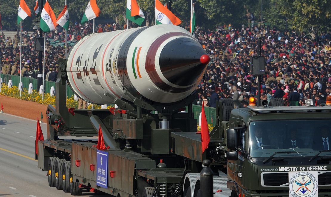 An Indian Agni V missile is displayed during the Republic Day parade in New Delhi on January 26, 2013.  