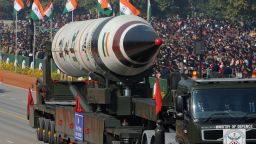 Missile Agni V is displayed during the Republic Day parade in New Delhi on January 26, 2013.  India marked its Republic Day with celebrations held under heavy security, especially in New Delhi where large areas were sealed off for an annual parade of military hardware at which Bhutan's king Jigme Khesar Namgyel Wangchuck was chief guest. AFP PHOTO/RAVEENDRAN        (Photo credit should read RAVEENDRAN/AFP/Getty Images)