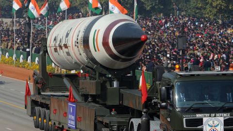 An Indian Agni V missile is displayed during the Republic Day parade in New Delhi on January 26, 2013.