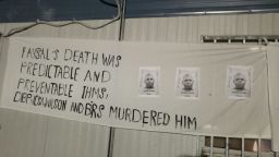 A banner put up at Delta Compound on Manus Island as part of a memorial service for Faysal Ishak Ahmed on Christmas night, according to refugee advocates