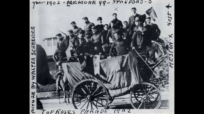 The first Rose Bowl Game was held at Tournament Park in 1902. University of Michigan competed against Stanford and defeated them 49-0. Here, the Michigan team rides in the 1902 parade.