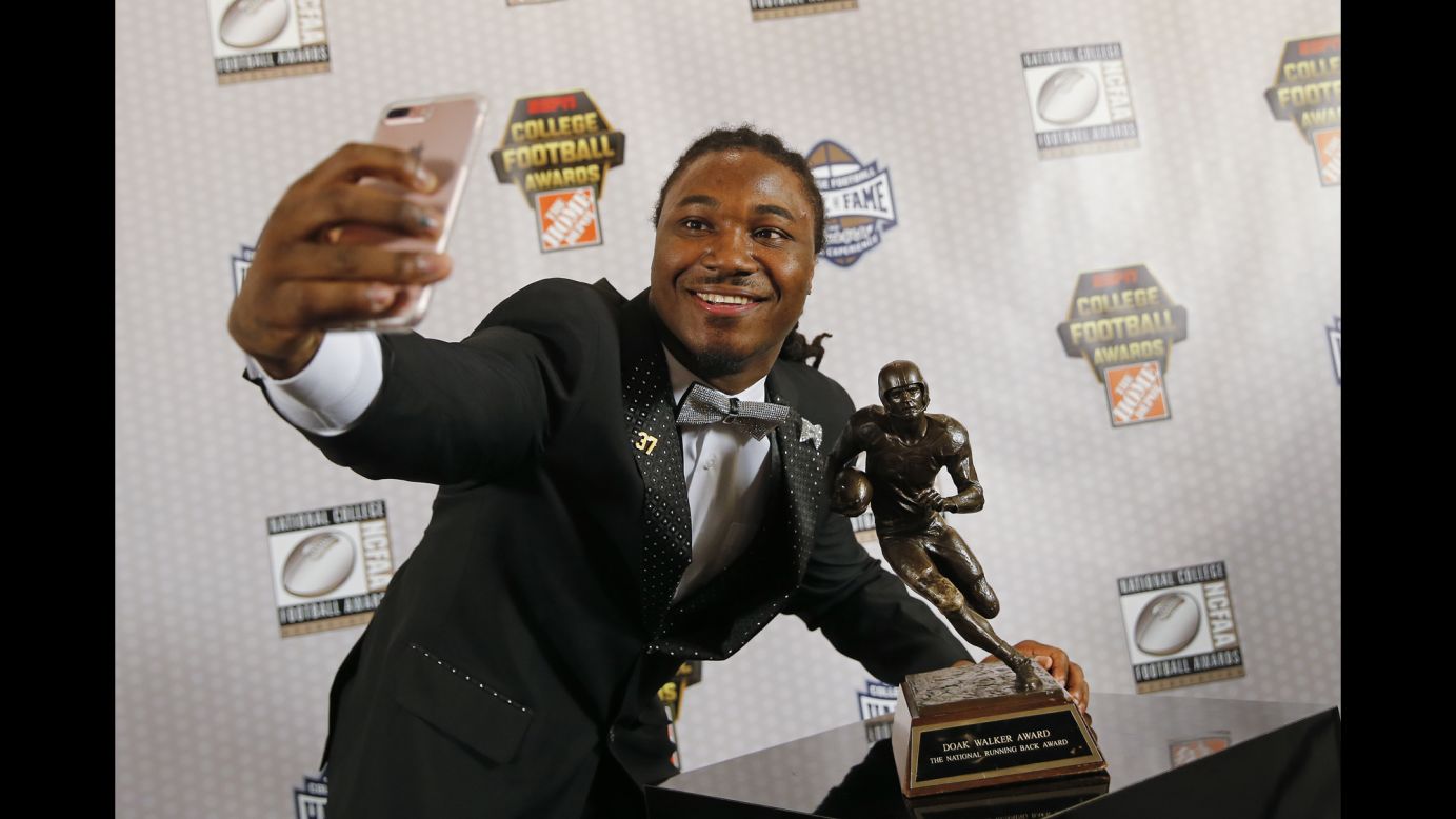 D'Onta Foreman, a running back for the Texas Longhorns, takes a selfie after winning the Doak Walker Award -- an award given to the nation's best running back -- in Atlanta on Thursday, December 8. This season, Foreman ran for a career-high 2,028 yards in just 11 games.
