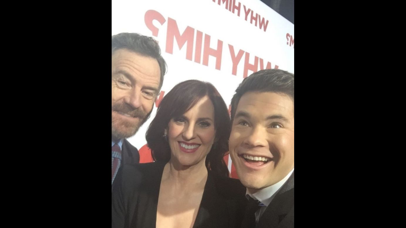 Actor Adam Devine, right, posted <a href="https://www.instagram.com/p/BOVaJfQhdf4/" target="_blank" target="_blank">this Instagram selfie</a> with "Why Him?" stars Bryan Cranston and Megan Mullally on Thursday, December 22.