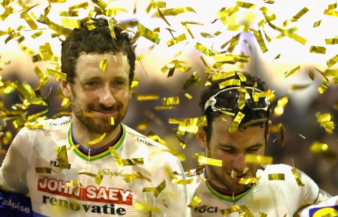 Wiggins celebrates victory after the final day of the 76th Six Days of Gent race at Kuipke Track Velodrome in November 2016.