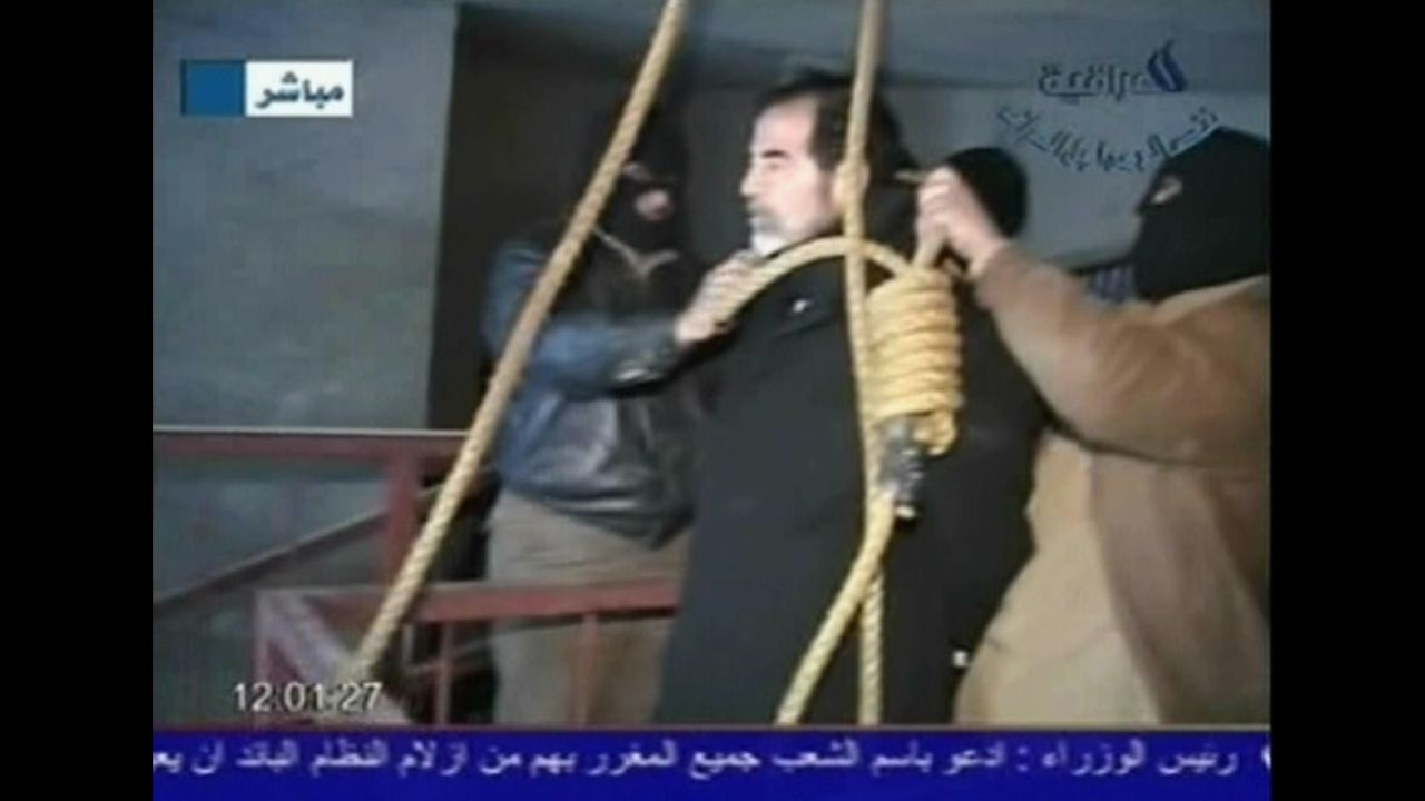 This screen grab taken from Iraqi national television station Al-iraqia shows the moments leading up to the execution of former Iraqi dictator Saddam Hussein on December 30, 2006.