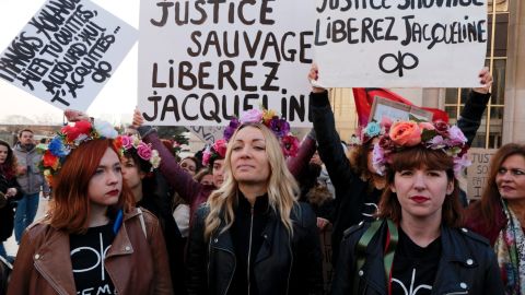 Women's rights advocates marched for Jacqueline Sauvage's release at a rally in Paris in December.