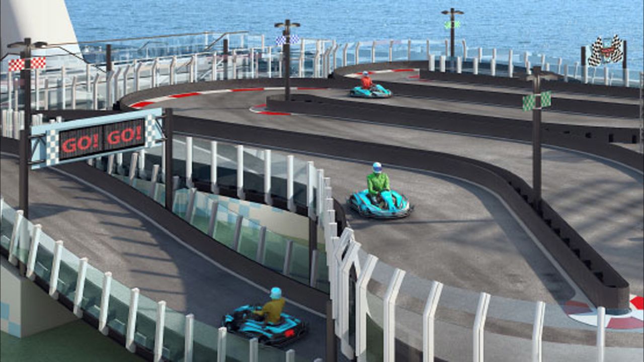 The ship boasts a two-level, electric-car raceway that allows up to 10 drivers to race at once.