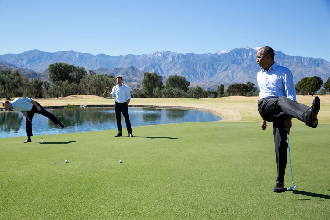 President Obama reacts as his putt falls just short during an impromptu hole of golf with staffers Joe Paulsen, left, and Marvin Nicholson after the U.S.-ASEAN Summit at the Annenberg Retreat at Sunnylands in Rancho Mirage, Calif. (Official White House Photo by Pete Souza)