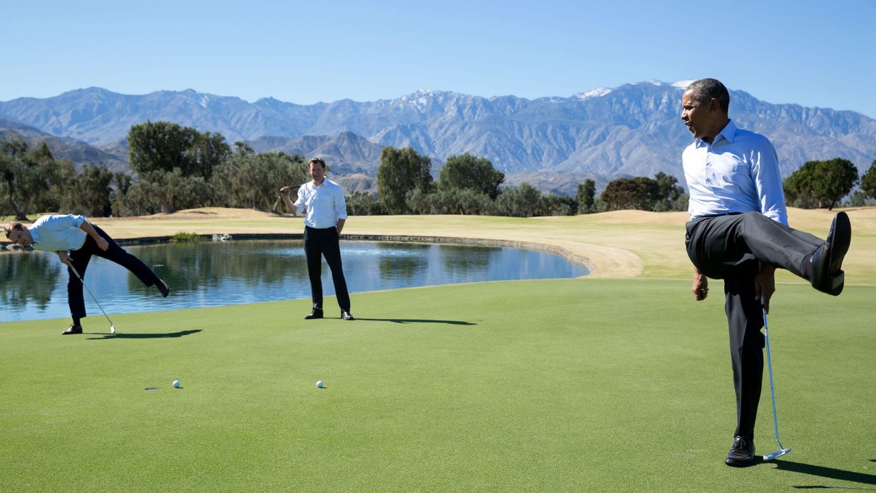 President Obama reacts as his putt falls just short during an impromptu hole of golf with staffers Joe Paulsen, left, and Marvin Nicholson after the U.S.-ASEAN Summit at the Annenberg Retreat at Sunnylands in Rancho Mirage, Calif. (Official White House Photo by Pete Souza)