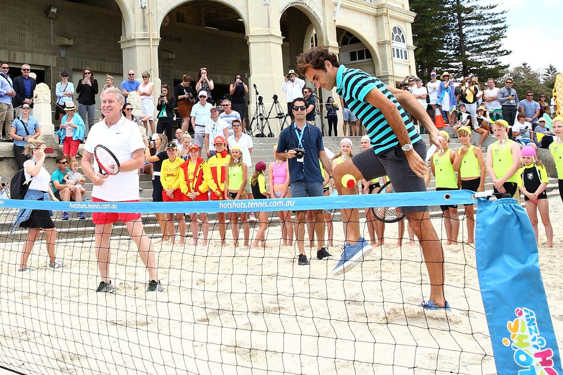 Federer teamed up with West Australian Premier Colin Barnett in a game of beach tennis.