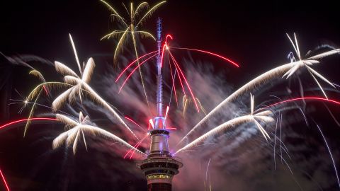 The Sky Tower is seen among fireworks during New Year's Eve celebrations in Auckland, New Zealand.