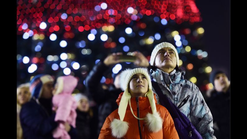 People gather in central Vladivostok as Russia's Pacific coast celebrates the arrival of the new year.