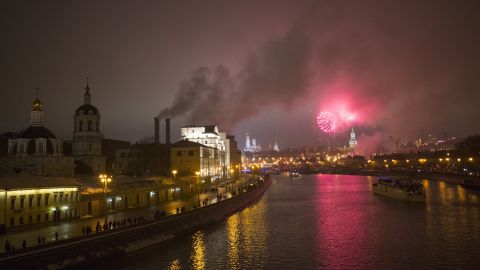 Russia, on a major gift-giving holiday, welcomes 2017 with pyrotechnics over the Kremlin.