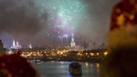 Fireworks light up are the Moscow River during new year celebrations in Russia. 