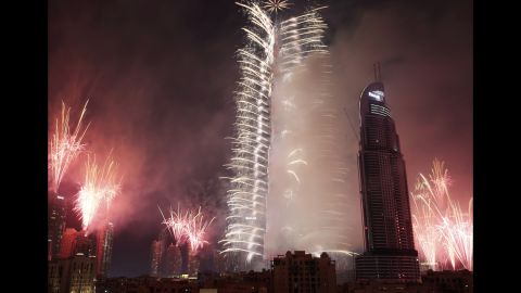 Fireworks explode at Burj Khalifa, the world's tallest building, in Dubai, United Arab Emirates.