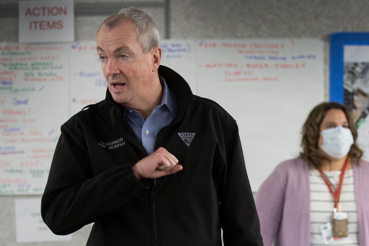 New Jersey Gov. Phil Murphy tours an emergency field hospital being prepared at the Meadowlands Expo Center on April 2, in Secaucus, New Jersey.