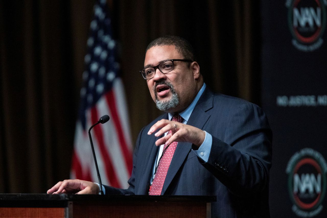 Manhattan District Attorney Alvin Bragg speaks during an event in New York in April.