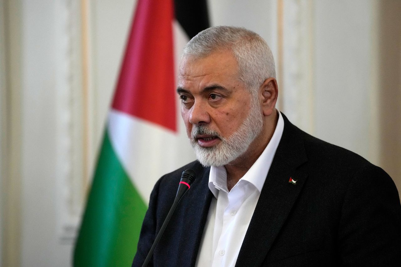 Hamas chief Ismail Haniyeh speaks during a press briefing after his meeting with Iranian Foreign Minister Hossein Amirabdollahian in Tehran, Iran, on March 26.