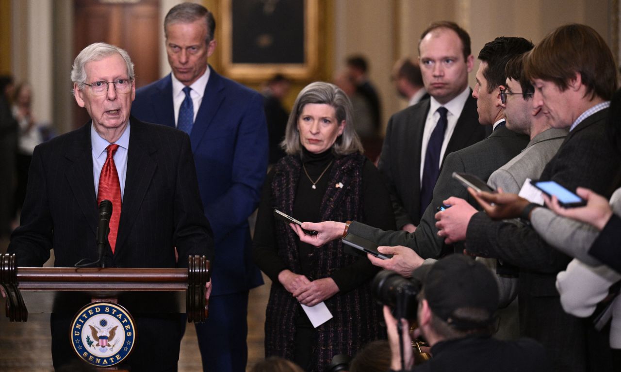 Senate Minority Leader Mitch McConnell speaks to reporters at the US Capitol on Tuesday.