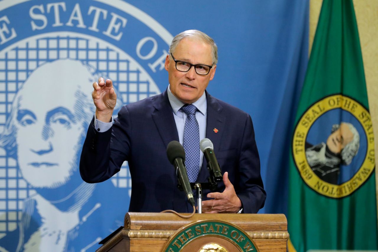 Washington Gov. Jay Inslee speaks during a news conference Monday, April 13, 2020, at the Capitol in Olympia, Washington. 