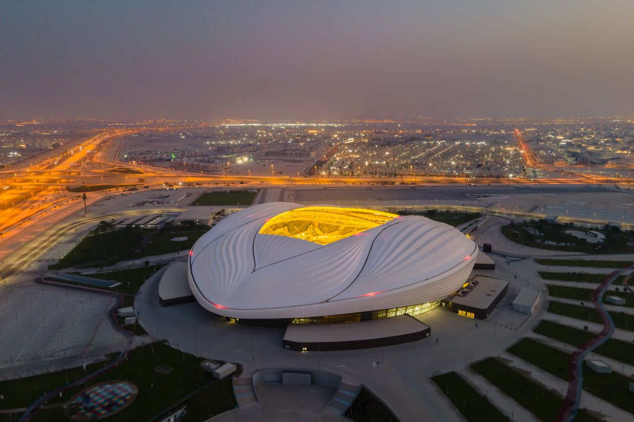 An aerial view of Al Janoub stadium at sunrise on June 21 in Al Wakrah, Qatar.