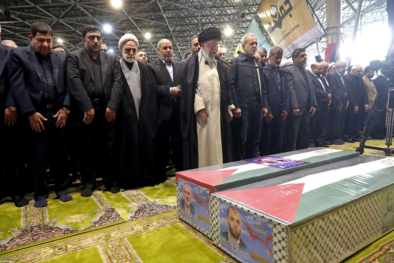 Iranian Leader Ali Khamenei speaks at service for Ismail Haniyeh in Tehran, Iran on August 1.