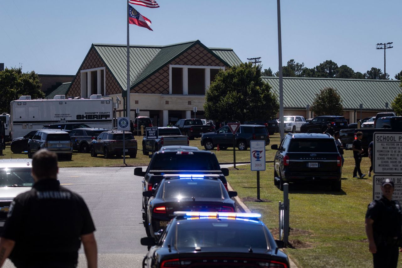 Law enforcement and first responders respond to a shooting at Apalachee High School in Winder, Georgia, on September 4.