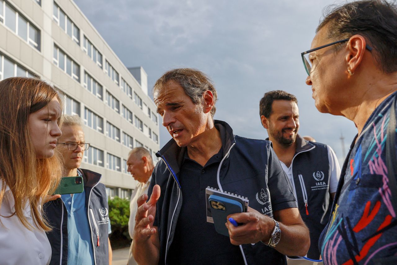 Members of the International Atomic Energy Agency (IAEA) expert mission, led by IAEA Director-General Rafael?Grossi, center, meet with journalists at the Russian-controlled?Zaporizhzhia?nuclear power plant, Ukraine, on September 1.
