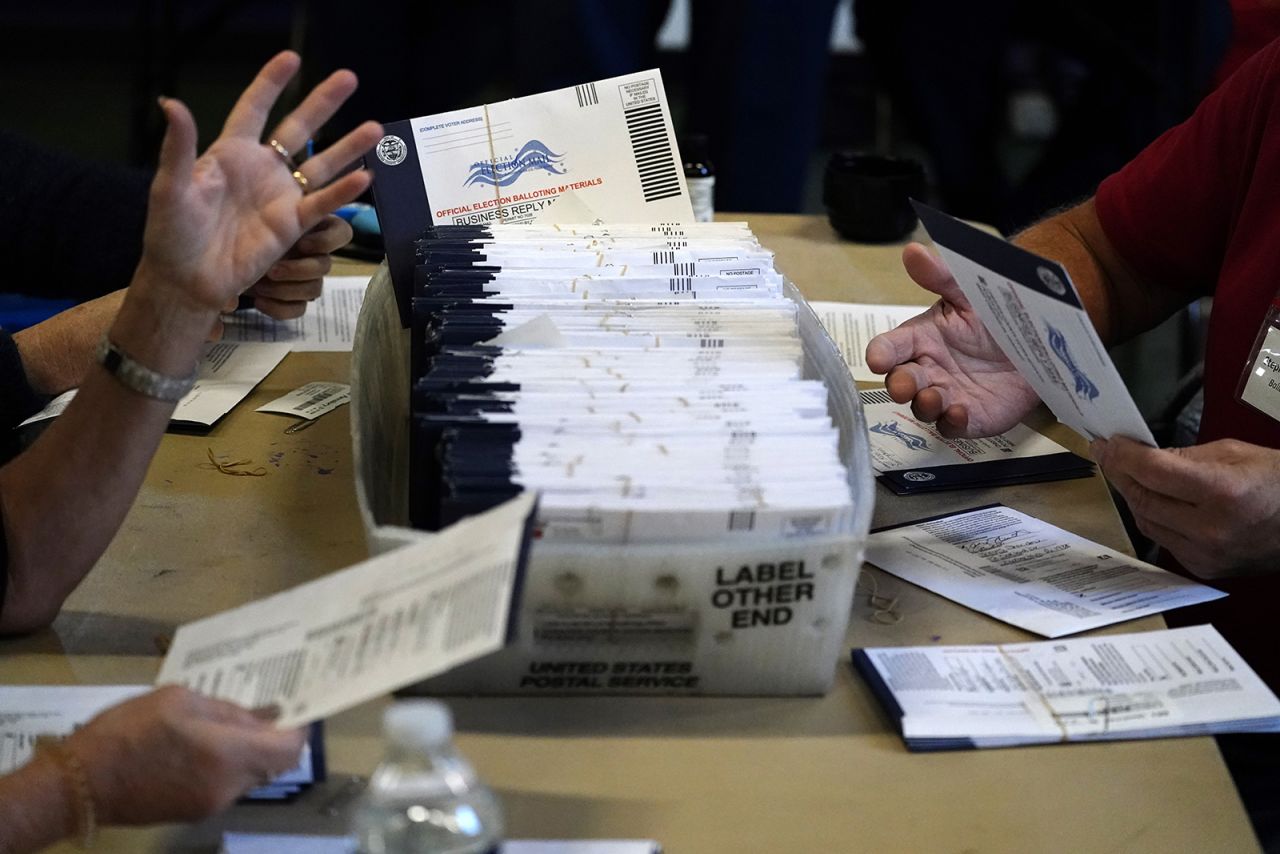 Chester County election workers process mail-in and absentee ballots for the 2020 general election in the United States at West Chester University on Wedensday, November 4, in Pennsylvania. 