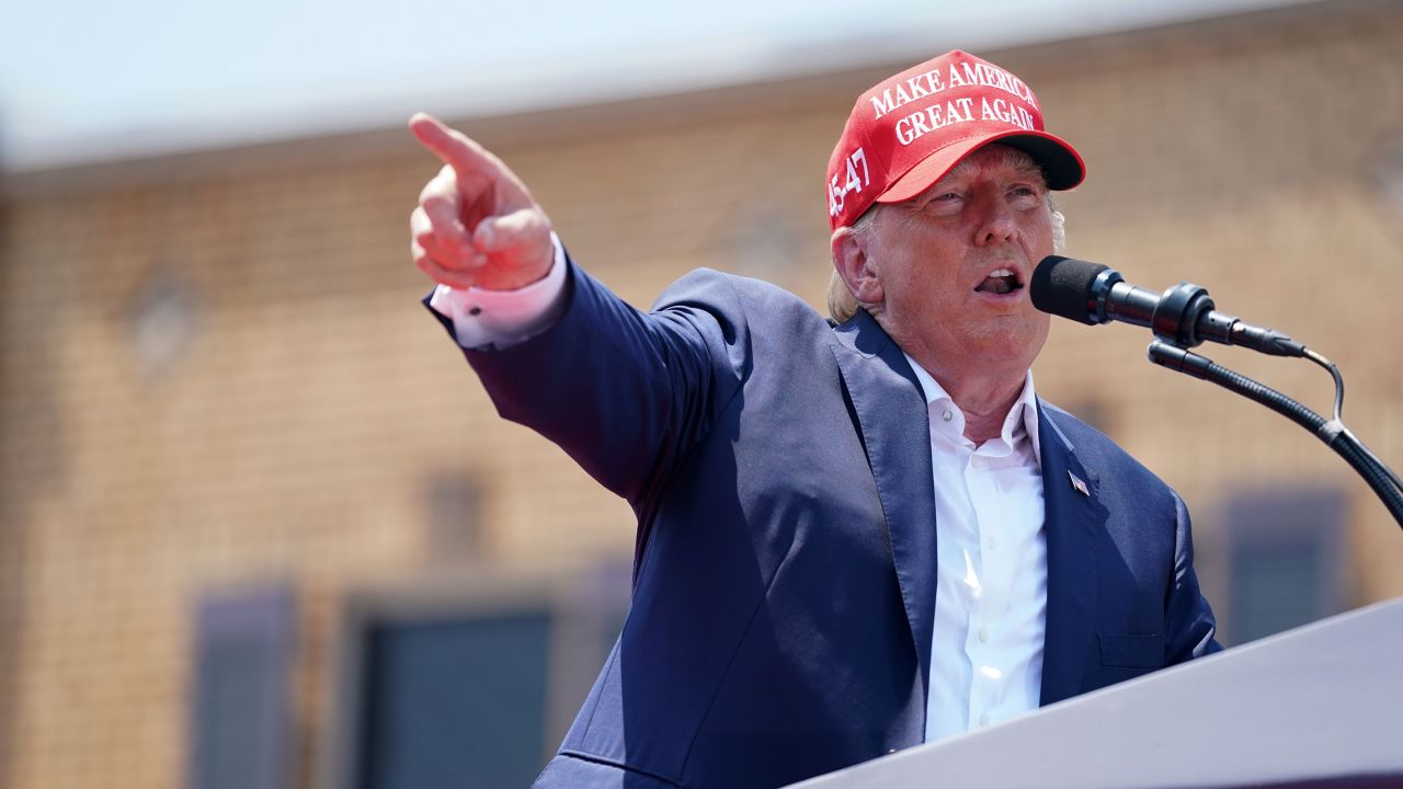 Former President Donald Trump speaks to crowd during a campaign event on July 1, 2023 in Pickens, South Carolina.